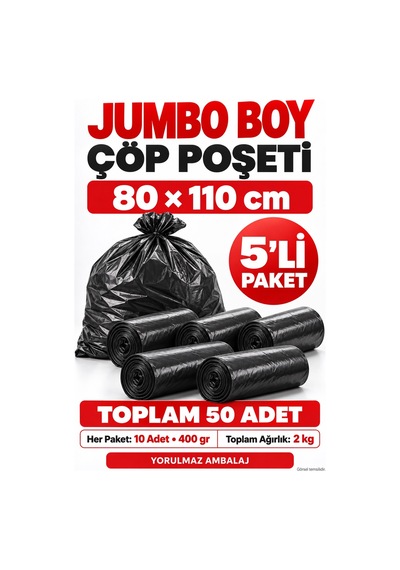 80x110 Cm Jumbo Boy Çöp Poşeti 5 Li Paket Toplam 50 Adet, 2000 Gr