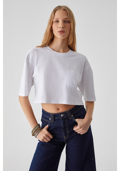 ETHIQUET QEFKOP Kadın %100 Pamuk Bisiklet Yaka Oversize Beyaz T-Shirt