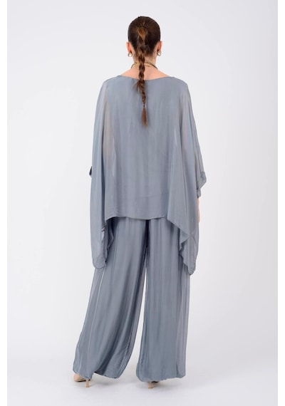 Bohem Stil İtalyan Yarasa Kol İpek Bluz & Pantolon Takım-8767 Koyu Gri Bohem Stil İtalyan Yarasa Kol İpek Bluz & Pantolon Takım-8767 Koyu Gri