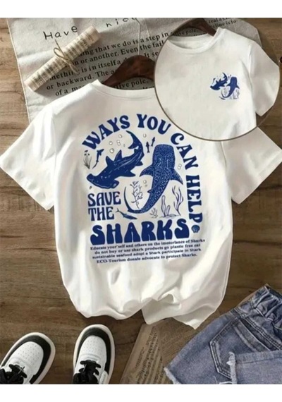Kozia Outdoors Ways You Can Help Shark Baskılı Oversize O Yaka Tişört Beyaz