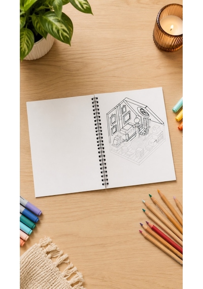 Cozy Isometric Rooms Boyama Kitabı Trace Sketch Color 30 Görsel 20x20 Cm
