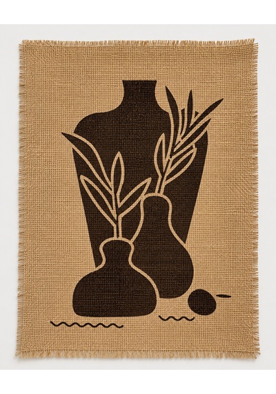 Bohem Jüt Kumaş Duvar Tablosu - El Yapımı Minimalist Vazo Ve Yaprak Desenli Rustik Hasır Poster