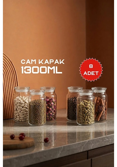 Cam Kapaklı Cam Kavanoz 1300 Ml 6 Adet Kapaklı Saklama Kavanozu Seti, 22x10 Cm, Kuru Gıda/bakliyat Beyaz