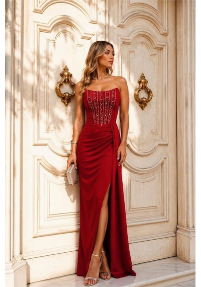 DefyModa Kadın Yeni Sezon Straplez Şık Abiye Elbise Kırmızı