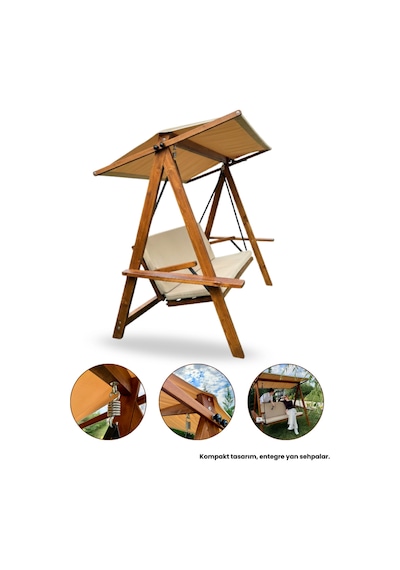 Riva 2100 3 Kişilik Ahşap Bahçe Salıncağı, Balkon ve Teras Salıncağı, Tenteli Camel