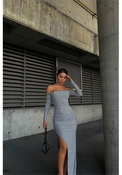 DefyModa Kadın Straplez Yırtmaçlı Balık Kesim Abiye Elbise Gri