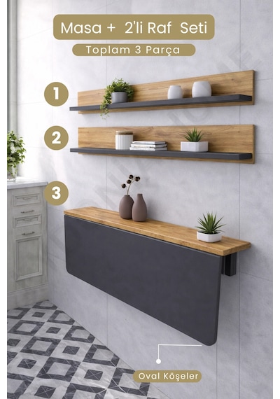 Duvara Monte Katlanır Masa & 2 Li Raf Seti Antrasit Çam 60x90 Cm Antrasit - Çam