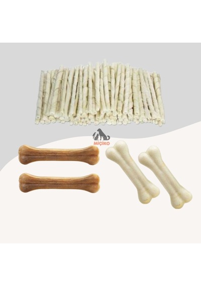 Köpekler İçin Ödül Seti9 100lü Burgu+2li 7cm Beyaz Ve 2li 7cm Naturel Kemik