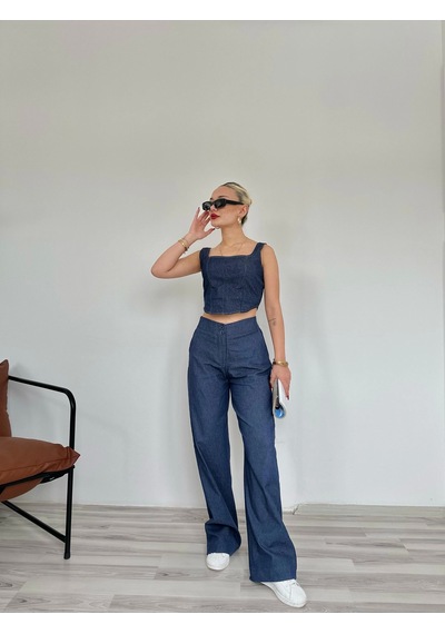 Keymoda Kadın Denim Kare Yaka Bluz Mavi Mavi