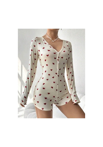 Mh Moony Homewears Kahverengi Kalp Mini Tulum Pijama Takımı Kahverengi