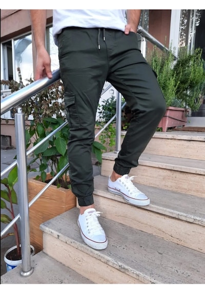 Haki Slim Fit None Denim Yandan Cepli Bel Bağcıklı, Paçaları Lastikli Erkek Kargo Pantolon Haki