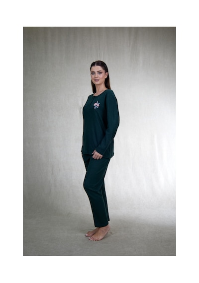 Estiva Kadın Nakış İşlemeli Patlı İnterlok Şardonlu Pijama Takımı Haki