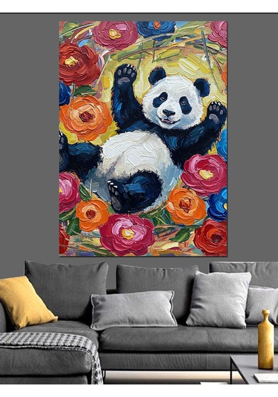 Çiçekler İçinde Sevimli Panda Dekoratif Kanvas - Mdf Ahşap Tablo