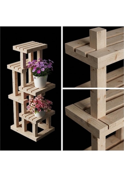 : 4 Katlı Ahşap Çiçeklik Standı - 100x50x25 Cm Dekoratif Saksı Rafı Bej