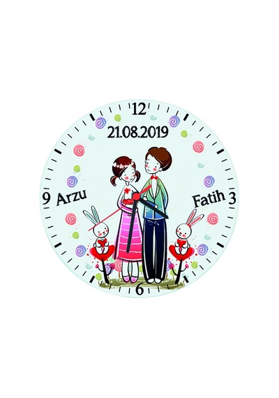 Aşık Romantik Çift Isimli Cam Duvar Saati - Sevgiliye Hediye