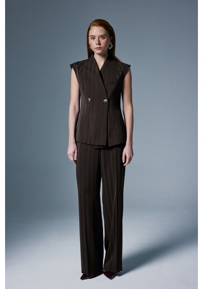 Sateen Anna Çizgili Pantolon - Kahve-137089 Kahve