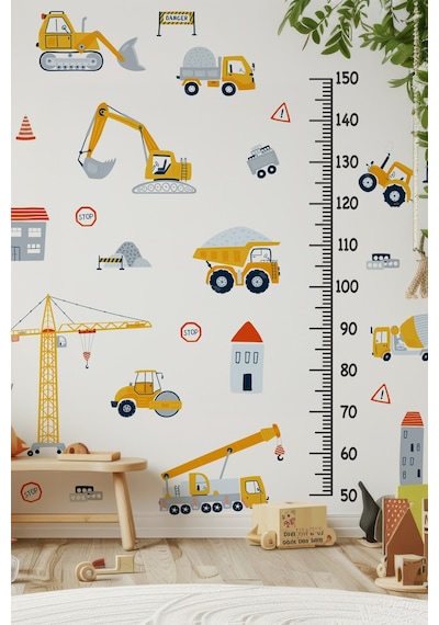 İş Makinaları Temalı Boy Cetvelli Çocuk Bebek Odası Sticker Seti Boy Cetveli İş Makinalı Sticker Dijital Baskı