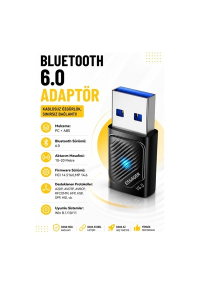 Essager Bluetooth 6.0 Usb Adaptör 20 Metre Menzil, 5 Cihaza Kadar Bağlantı, Tak Çalıştır, Windows Uyumlu