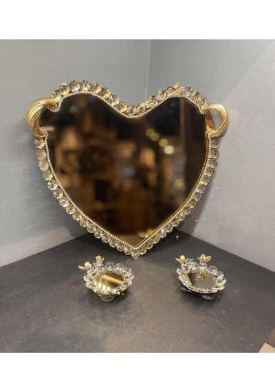 Dekoratif Kristal Cam Ayna Kalp Sunum Tepsisi Gold