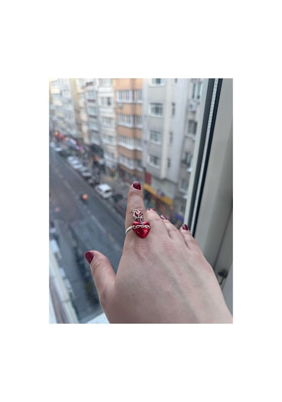 Gotik Kalp Kırmızı Detay Kadın Ayarlanabilir Çelik Yüzük Renkli