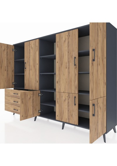 Hyperion Dolap 11 Raflı 3 Çekmeceli 7 Kapaklı 220x44x163 Antrasit Antrasit-çam