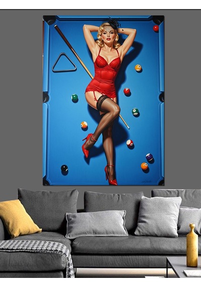 Ahşap Tablo Bilardo Oynayan Pinup Kızı
