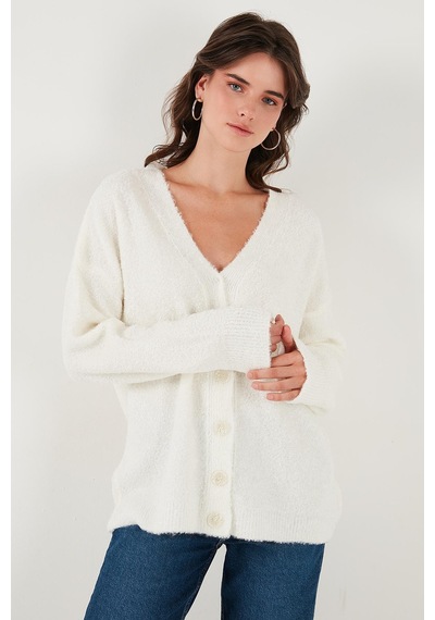 Lela Oversize Fit Düğmeli V Yaka Uzun Kollu Triko Bayan Hırka 4616232 Taş