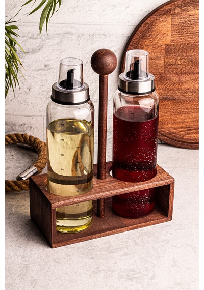 Boily - Ahşap Stantlı 2'li 500 ml Borosilikat Zeytinyağı Sıvıyağ Şişesi Yağdanlık Yağlık