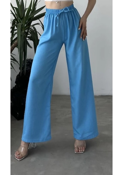 Blue Trend Kadın Düz Renk Keten Bel Lastikli Bol Paça Pantolon Mavi
