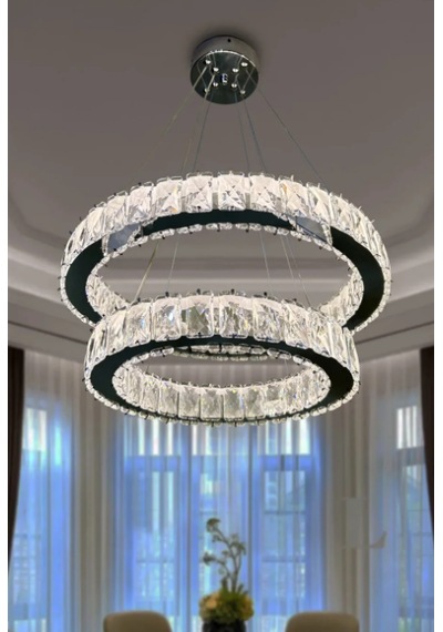 Ala Lighting Plaket Kristal Taş İşlemeli Krom Paslanmaz 2 Halka Led Avize Kumandalı Modern Sarkıt Avize Krom Ayna Ayna Krom