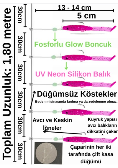 Ea genset Silikon Balıklı Çapari 5 Cm 2 Adet Silikon At Çek Takımı Uv Neon Simli Pembe Ve Fosforlu Glow Boncuklu