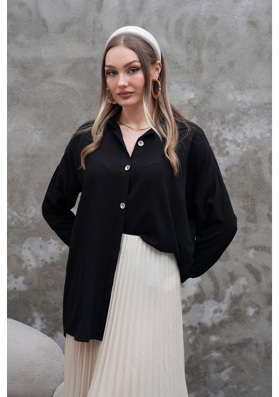 Polologin Butik Düğmeli Klasik Siyah Gömlek Tunik Siyah
