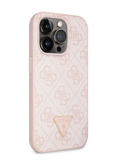 Apple Uyumlu iPhone 14 Pro Max Kılıf Guess Lisanslı Pu Deri Taşlı Üçgen Logo 4g Desen Kapak