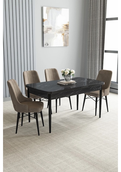 Zümra Serisi, Siyah Mermer Desen 80x132 Açılabilir Mdf Mutfak Masası Takımı 4 Adet Sandalye, Cappucino Zümra Serisi, Siyah Mermer Desen 80x132 Açılabilir Mdf Mutfak Masası Takımı 4 Adet Sandalye, Cappucino