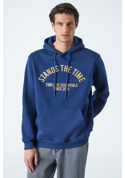 Grimelange WULF Erkek Organik Kumaşlı İçi Polarlı Yumuşacık Kanguru Cepli Kapüşonlu Lacivert Sweatshirt