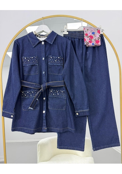 Lovie Moda Kadın Taş İşlemeli Kapaklı Pantolonlu Takım - Lacivert