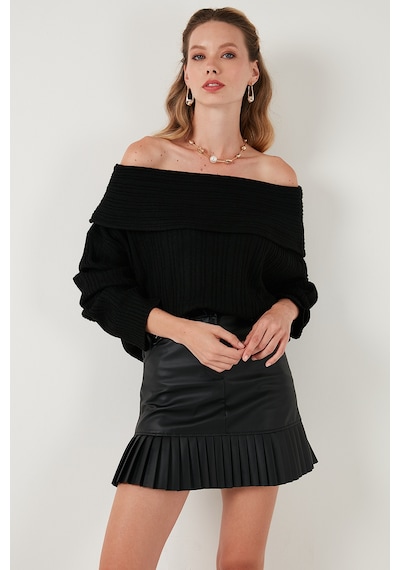 Lela Oversize Fit Madonna Yaka Triko Bayan Kazak 4615216 Siyah