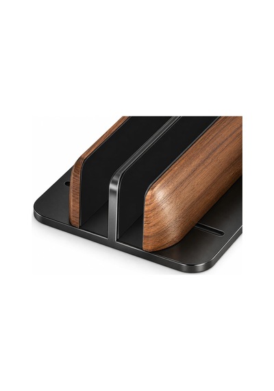 Ahşap Dikey Laptop Standı, Çift Yuvalı 2 Cihazlık Macbook Ve Notebook Tutucu, Masaüstü Organizer, Kaymaz Tabanlı Ahşap Metal Bilgisayar Standı Kahverengi