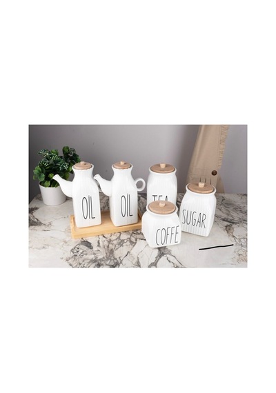 6 Parça Bambu Standlı Kare Porselen 1000ml Yağdanlık Ve 3 Lü Tea Sugar Coffe Kavanoz Seti Beyaz Beyaz