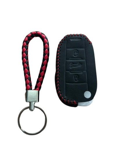Autohan Keys Peugeot Anahtar Kılıfı İçin Uyumlu, Siyah Deri, Kırmızı Örgülü, 3 Butonlu, Sustaıı Tasarım, 301 307 308 208 508 2008 3008 Partner Van Modelleri