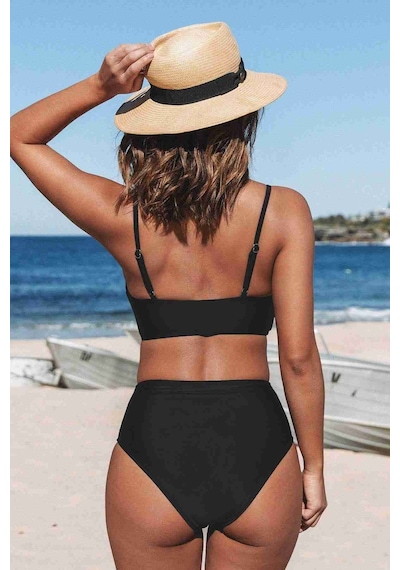 Angelsin Özel Tasarım Önden Çarpraz Yüksek Bel Bikini Takım Siyah 001