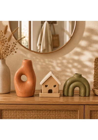 Momiko 3 Lü Modern Bohem Dekoratif Obje Ve Vazo Seti Ev, Kemer Ve Delikli Form Terracota-bej-yeşil