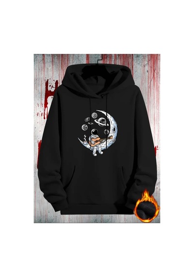 Medinenur Astronot Desenli 2 İplik Şardonlu Sweatshirt Siyah