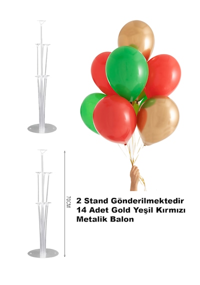 2 Adet Balon Standı 14 Adet Yeşil Kırmızı Gold Yılbaşı Balon Set