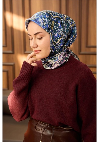 Silk Home Twill İpek Eşarp Petrol Mavisi-ekru Desenli Tok Duruşlu 90x90 Çok Renkli
