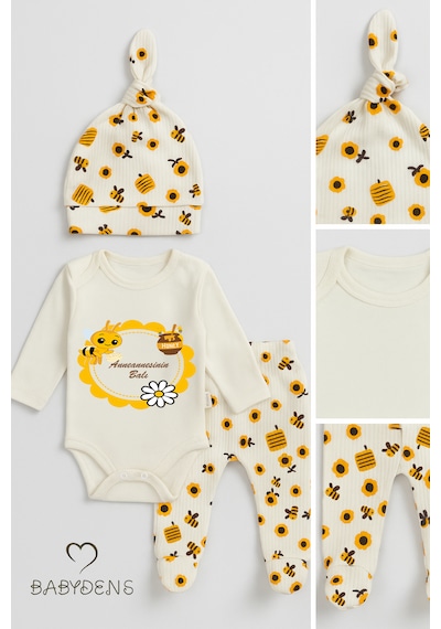 Babyden's Anneannesinin Balı Yazılı 3'lü Set Uzun Kol Body, Patikli Alt Ve Şapka Unisex Bebek Giyim Ekru