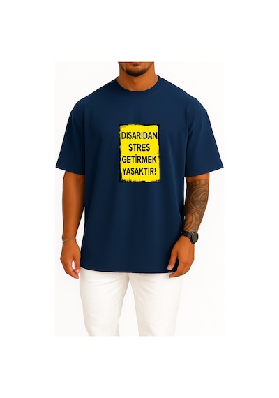 Bahriyeli Collection Oversize Dışarıdan Stres Getirmek Yasaktır Göğüs Tasarımlı Unisex T-shirt Lacivert
