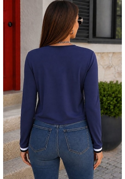 Suma Kadın Uzun Kollu V Yakalı Viskon Bluz Lacivert L-xl