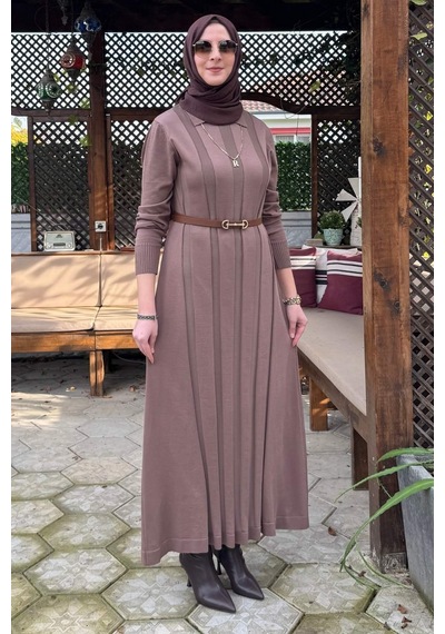 Rabia Şamlı Biricik Kemerli Triko Elbise Sütlü Kahve Normal