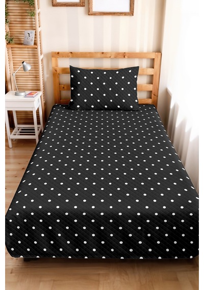 Siyah Puantiyeli Minimal Tek Kişilik Pike Takımı-beyaz Geometrik 160x220 Cm Kapitone Yatak Örtüsü Mavi